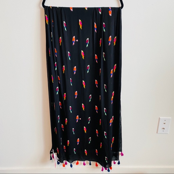 Kate Spade Black Multicolor Birds Scarf with Pompom Fringe Edge - Picture 8 of 13